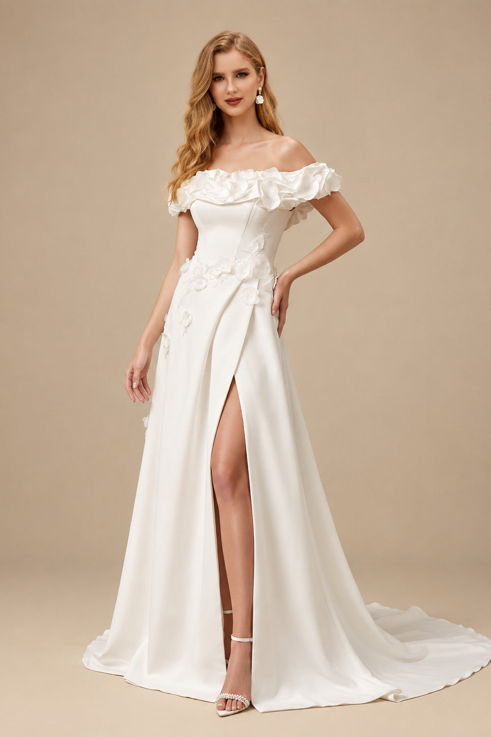 Rutipo Ivory A-Line Off-The-Shoulder Sleeveless Chapel Train Matte Satin Wedding Dresses