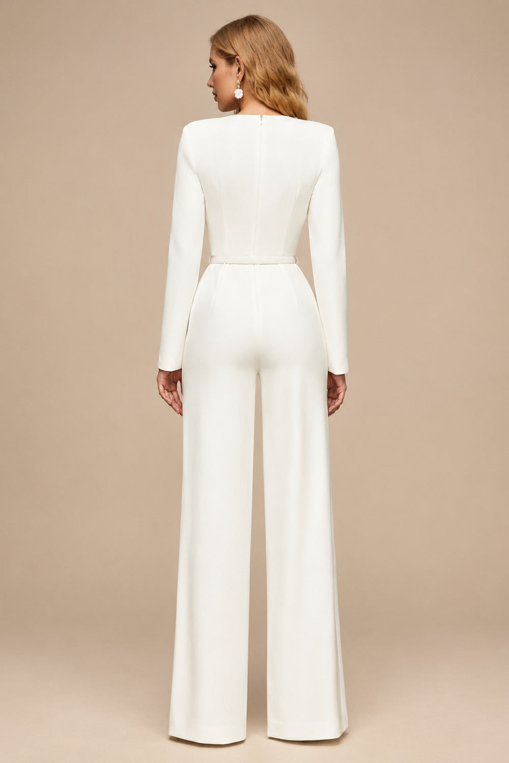 Rutipo Ivory Jumpsuit/Pantsuit Scoop Neck Long Sleeves Floor-Length Elastic Satin Wedding Dresses With Rhinestone