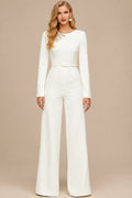 Rutipo Ivory Jumpsuit/Pantsuit Scoop Neck Long Sleeves Floor-Length Elastic Satin Wedding Dresses With Rhinestone
