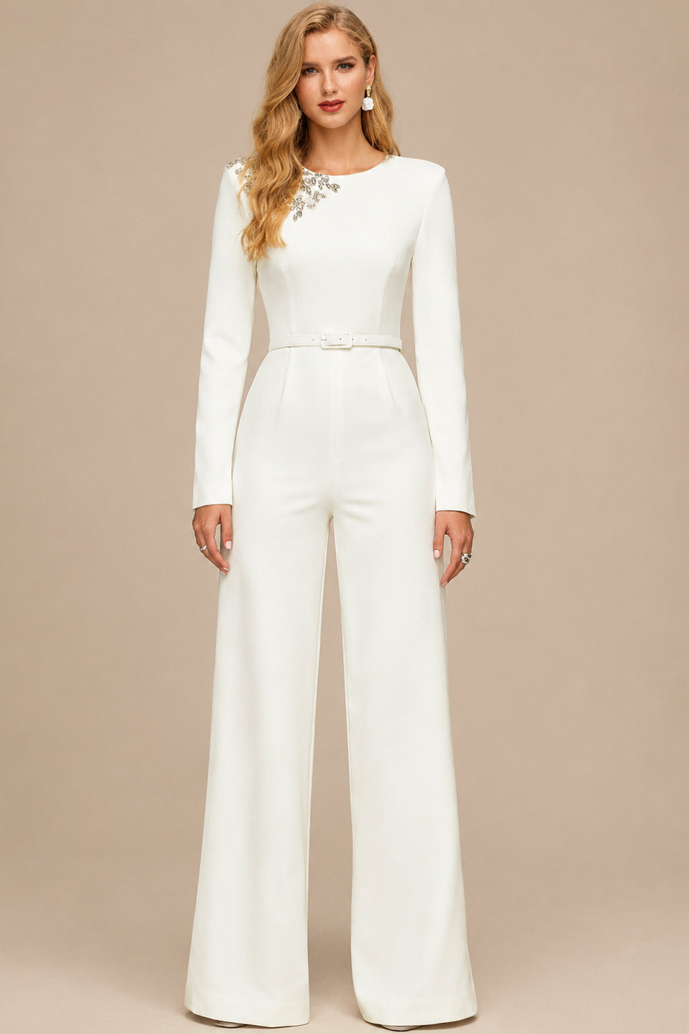 Rutipo Ivory Jumpsuit/Pantsuit Scoop Neck Long Sleeves Floor-Length Elastic Satin Wedding Dresses With Rhinestone