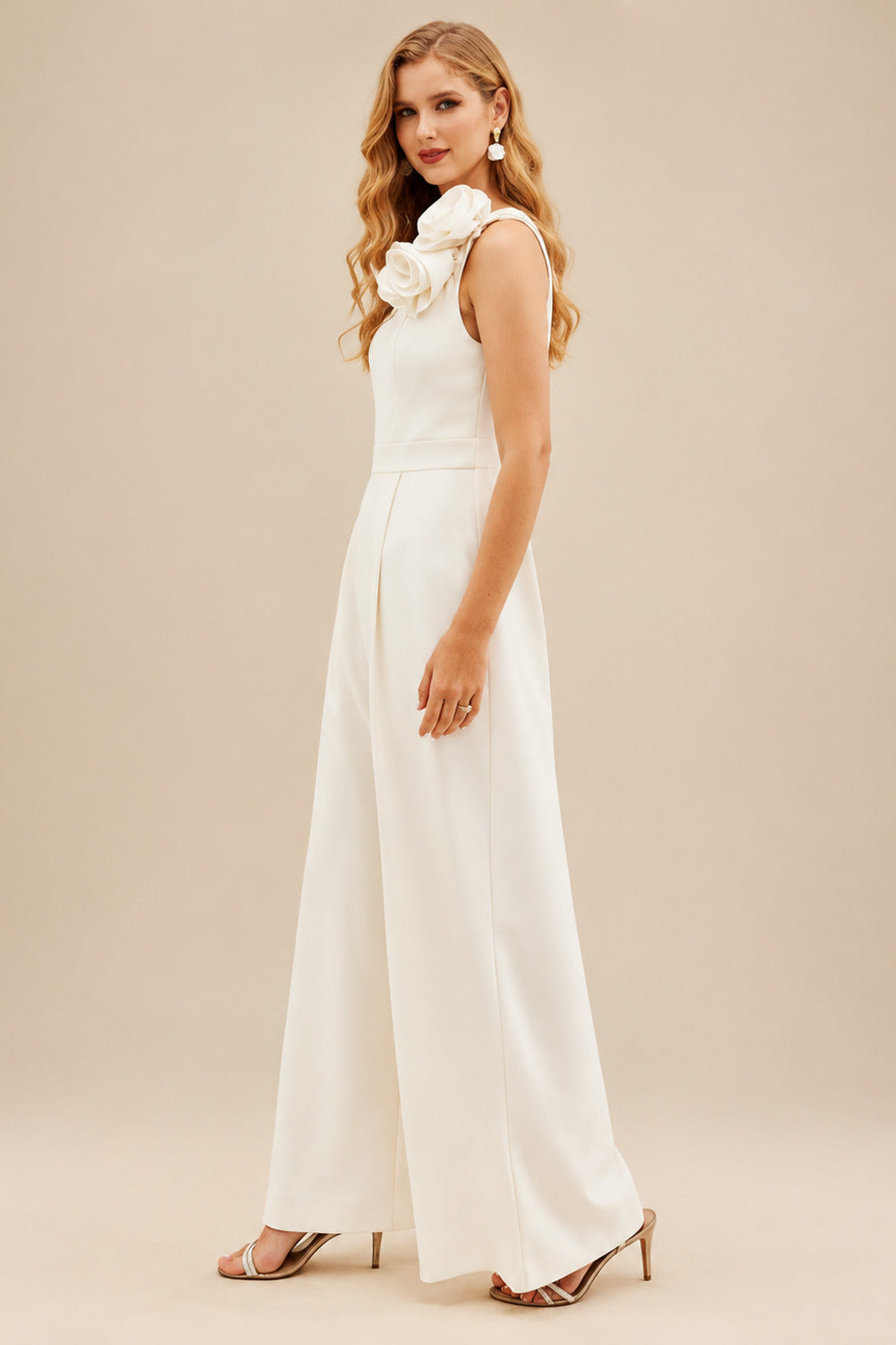 Rutipo Ivory Jumpsuit/Pantsuit One-Shoulder Sleeveless Floor-Length Elastic Satin Wedding Dresses With Flower(s)