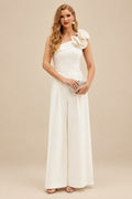 Rutipo Ivory Jumpsuit/Pantsuit One-Shoulder Sleeveless Floor-Length Elastic Satin Wedding Dresses With Flower(s)