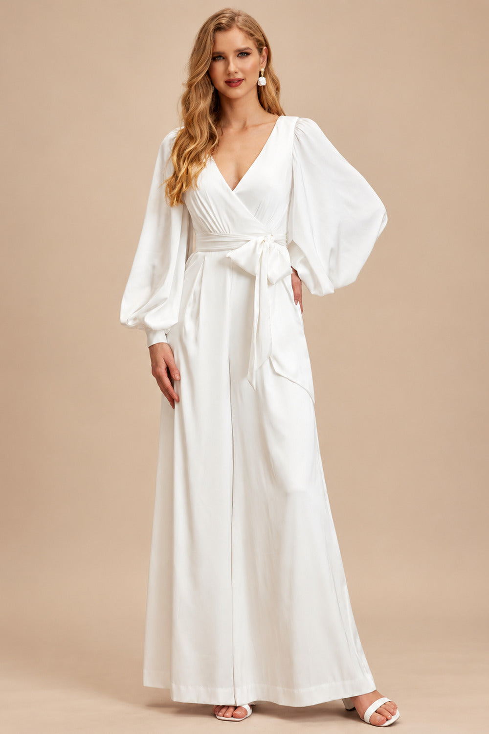 Rutipo Ivory Jumpsuit/Pantsuit V-Neck Long Sleeves Ankle-Length Stretch Satin Wedding Dresses