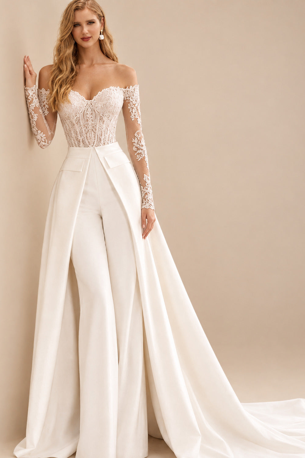Rutipo Ivory Jumpsuit/Pantsuit Off-The-Shoulder Long Sleeves Court Train Lace/Matte Satin Wedding Dress With Overskirt Dress