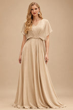 Rutipo Champagne A-Line Off-The-Shoulder Long Sleeves Tea-Length Matte Satin Wedding Dresses With Lace