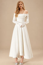 Rutipo Ivory A-Line Off-The-Shoulder Long Sleeves Tea-Length Matte Satin Wedding Dresses With Lace