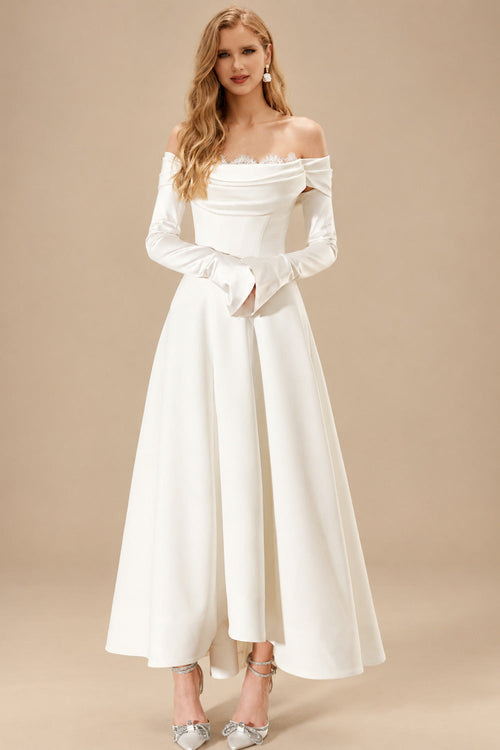 Rutipo Ivory A-Line Off-The-Shoulder Long Sleeves Tea-Length Matte Satin Wedding Dresses With Lace