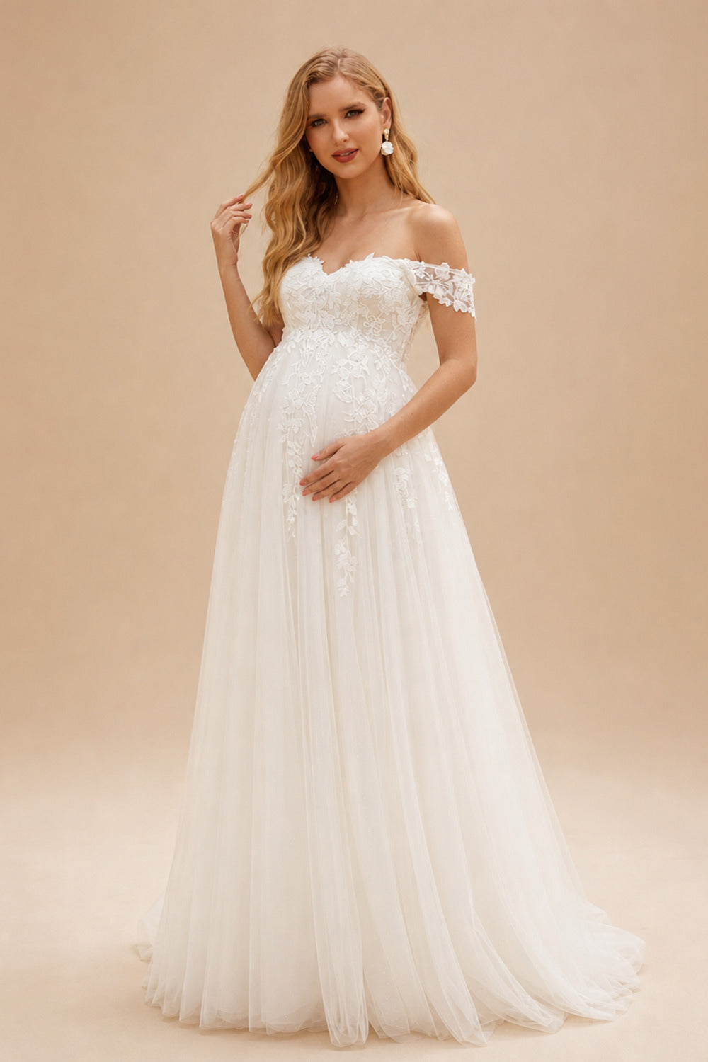 Rutipo Ivory A-Line Off-The-Shoulder Sleeveless Floor-Length Lace/Tulle Maternity Wedding Dresses With Appliques Lace