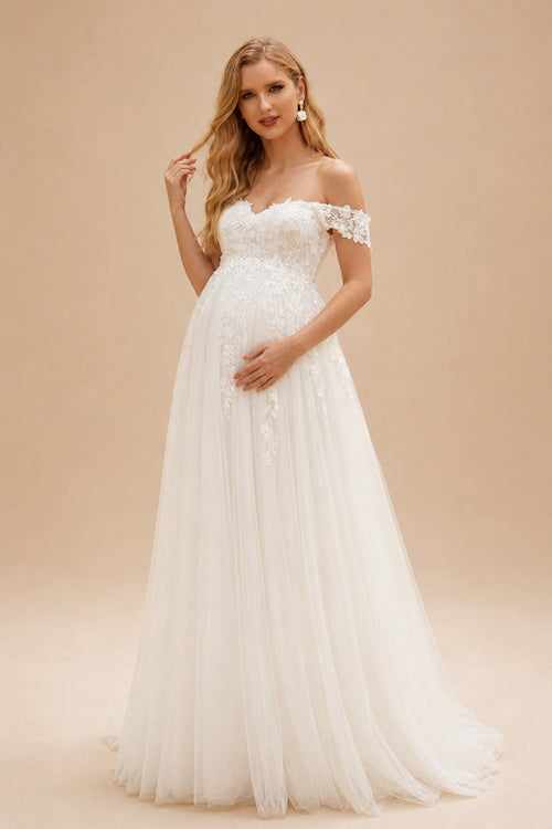 Rutipo Ivory A-Line Off-The-Shoulder Sleeveless Floor-Length Lace/Tulle Maternity Wedding Dresses With Appliques Lace