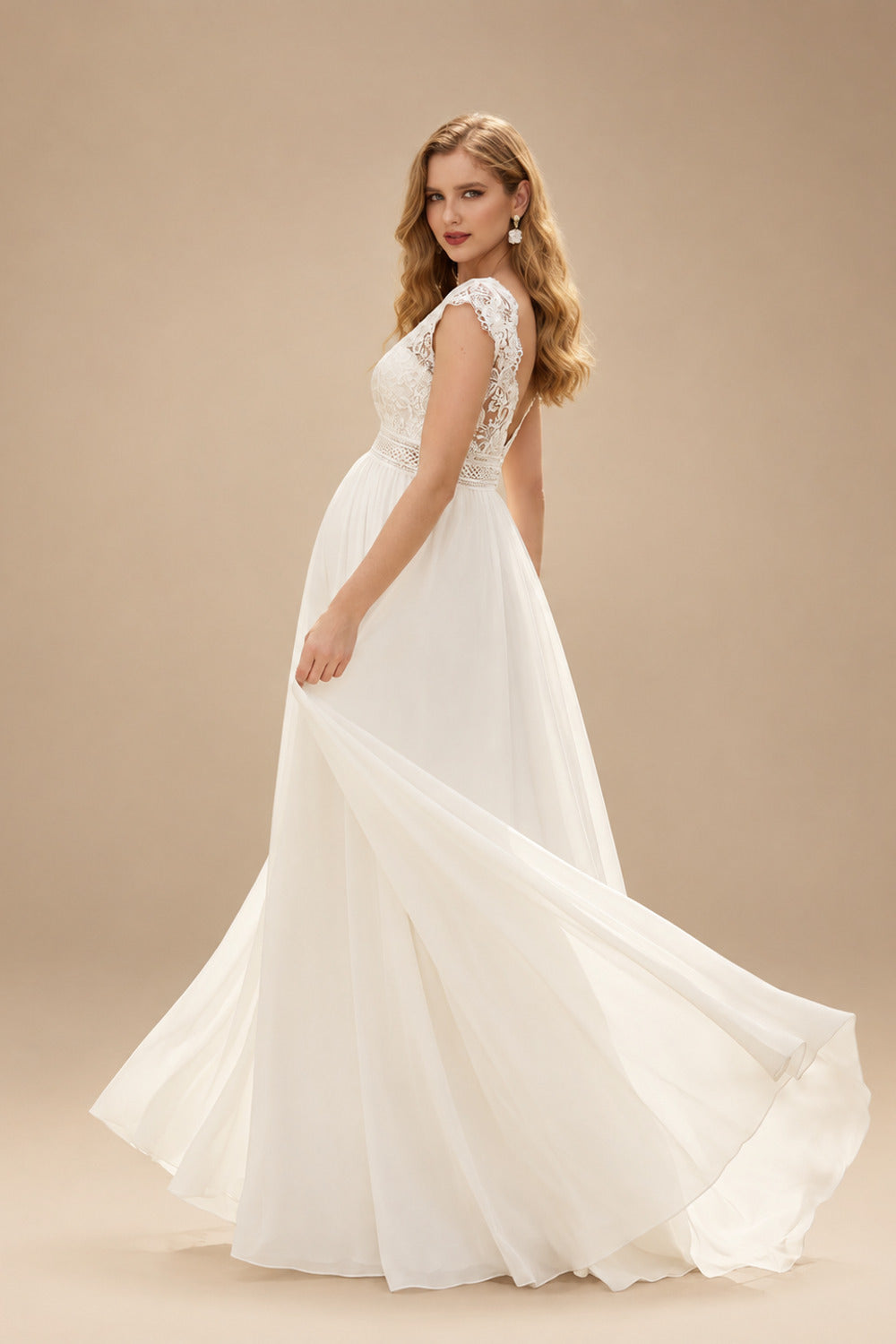 Rutipo Ivory A-Line V-Neck Cape Sleeves Floor-Length Chiffon/Lace Wedding Dresses With Appliques Lace