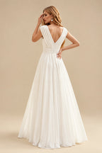 Rutipo Ivory A-Line V-Neck Sleeveless Floor-Length Chiffon Wedding Dress With Split Front/Pleated