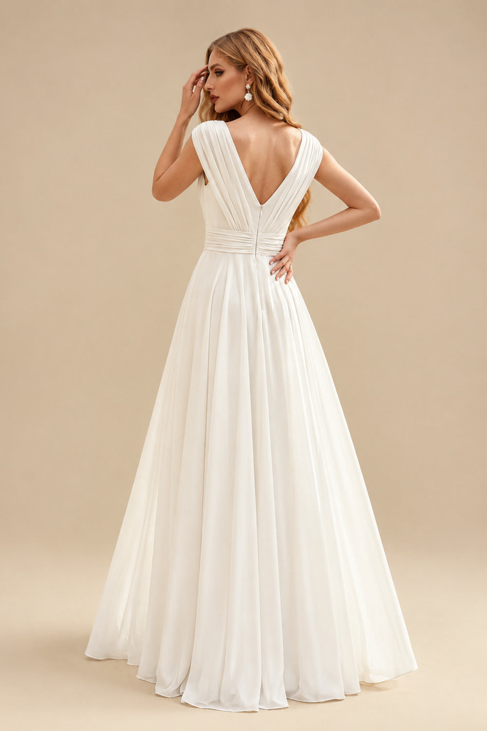 Rutipo Ivory A-Line V-Neck Sleeveless Floor-Length Chiffon Wedding Dress With Split Front/Pleated