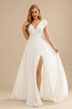 Rutipo Ivory A-Line V-Neck Sleeveless Floor-Length Chiffon Wedding Dress With Split Front/Pleated