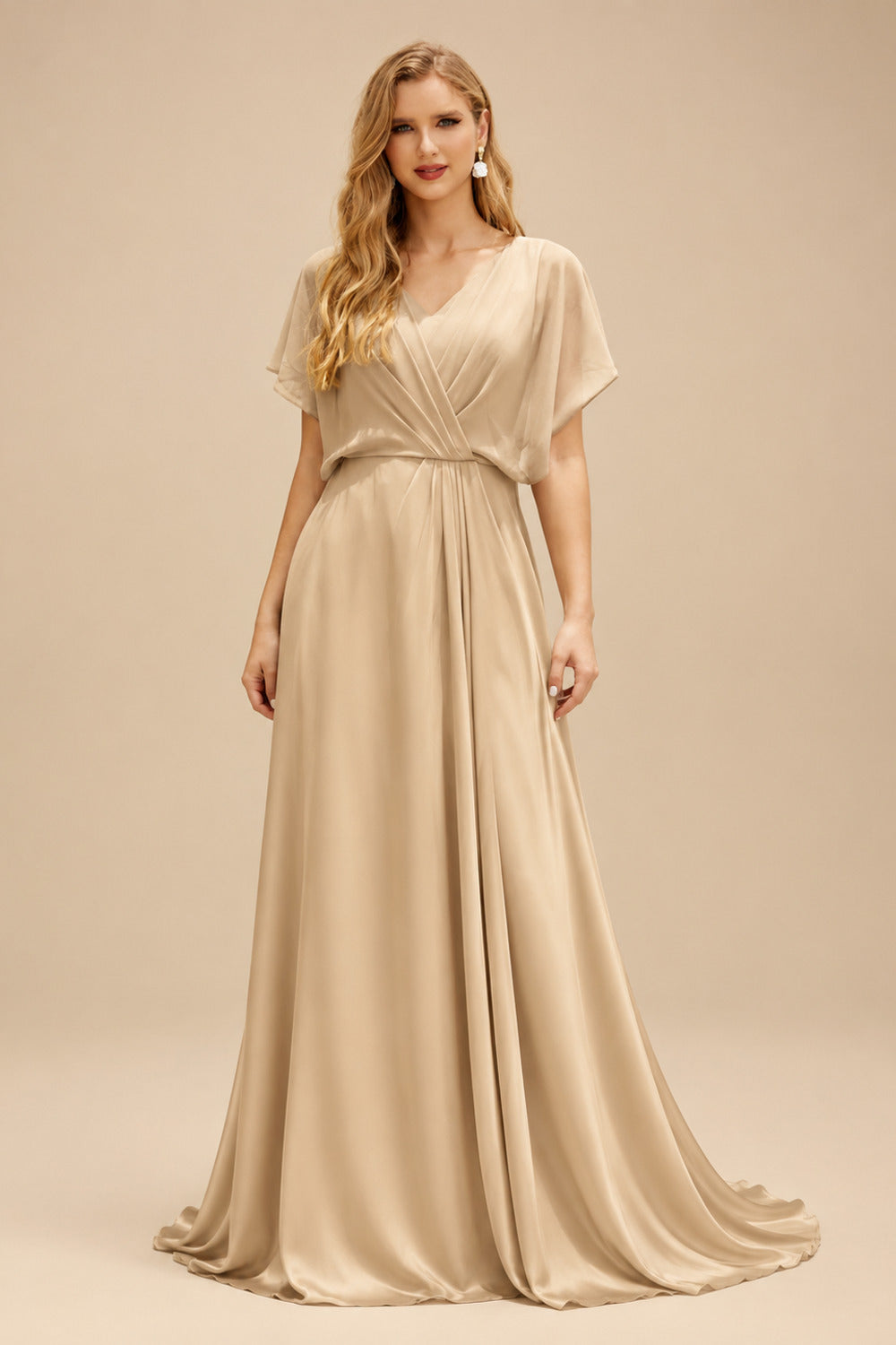Rutipo Champagne Ball-Gown Off-The-Shoulder Sleeveless Chapel Train Matte Satin Wedding Dresses With Split Front/High Split