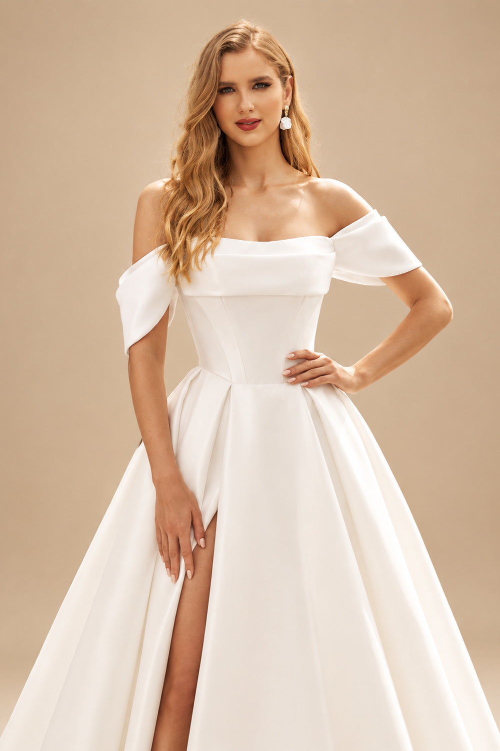 Rutipo Ivory Ball-Gown Off-The-Shoulder Sleeveless Chapel Train Matte Satin Wedding Dresses With High Split