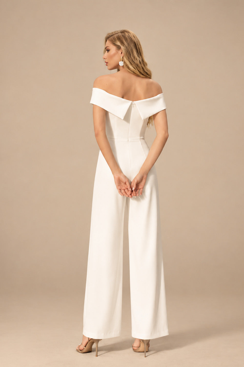 Rutipo Ivory Jumpsuit/Pantsuit Off-The-Shoulder Sleeveless Floor-Length Elastic Satin Wedding Dresses