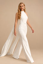 Rutipo Ivory Jumpsuit/Pantsuit Halter Sleeveless Floor-Length Elastic Satin Wedding Dresses With Sash