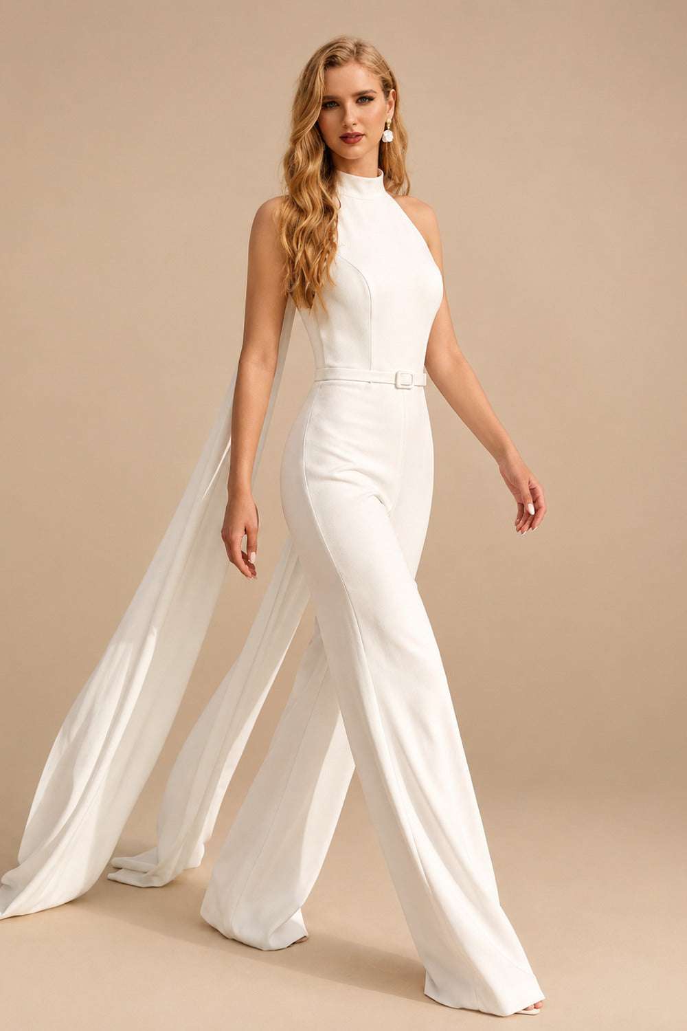 Rutipo Ivory Jumpsuit/Pantsuit Halter Sleeveless Floor-Length Elastic Satin Wedding Dresses With Sash