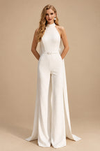 Rutipo Ivory Jumpsuit/Pantsuit Halter Sleeveless Floor-Length Elastic Satin Wedding Dresses With Sash