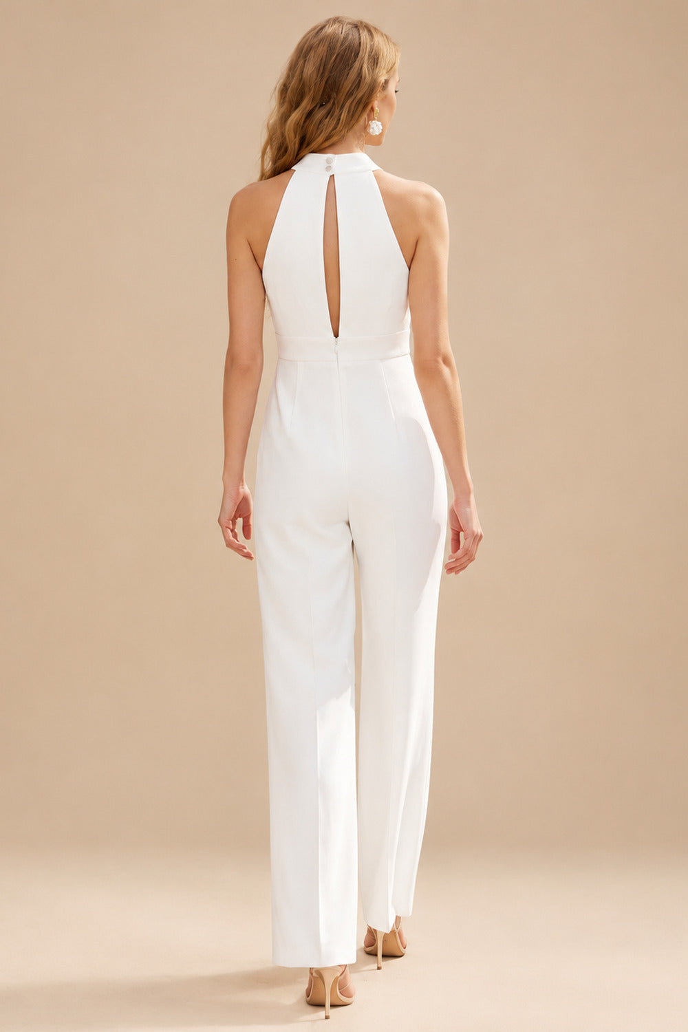 Rutipo Ivory Jumpsuit/Pantsuit Halter Sleeveless Floor-Length Elastic Satin Wedding Dresses With Back Hole
