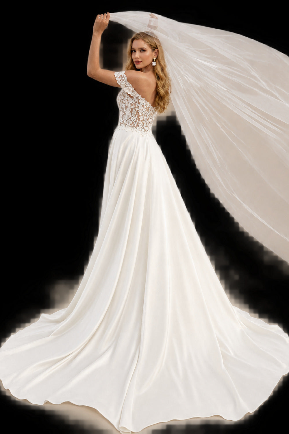 Rutipo Ivory Jumpsuit/Pantsuit Off-The-Shoulder Sleeveless Court Train Tulle/Crepe Satin Wedding Dresses With Appliques Lace