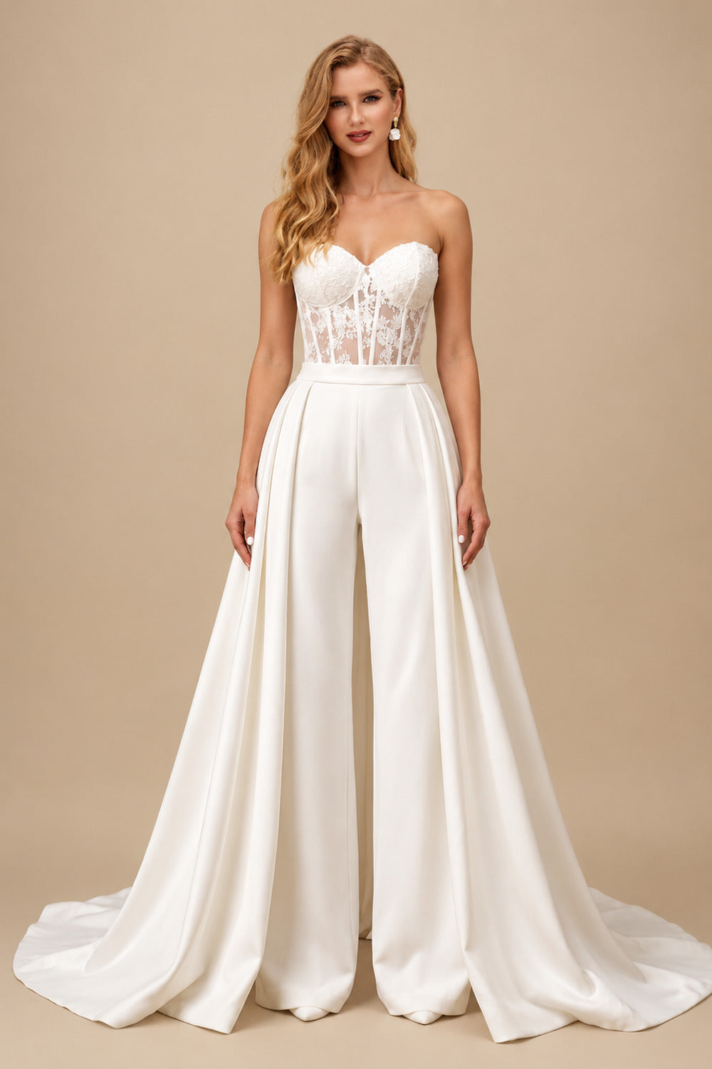 Rutipo Ivory Jumpsuit/Pantsuit Sweetheart Sleeveless Detachable Matte Satin Wedding Dresses With Appliques Lace