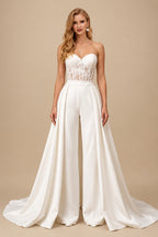 Rutipo Ivory Jumpsuit/Pantsuit Sweetheart Sleeveless Detachable Matte Satin Wedding Dresses With Appliques Lace