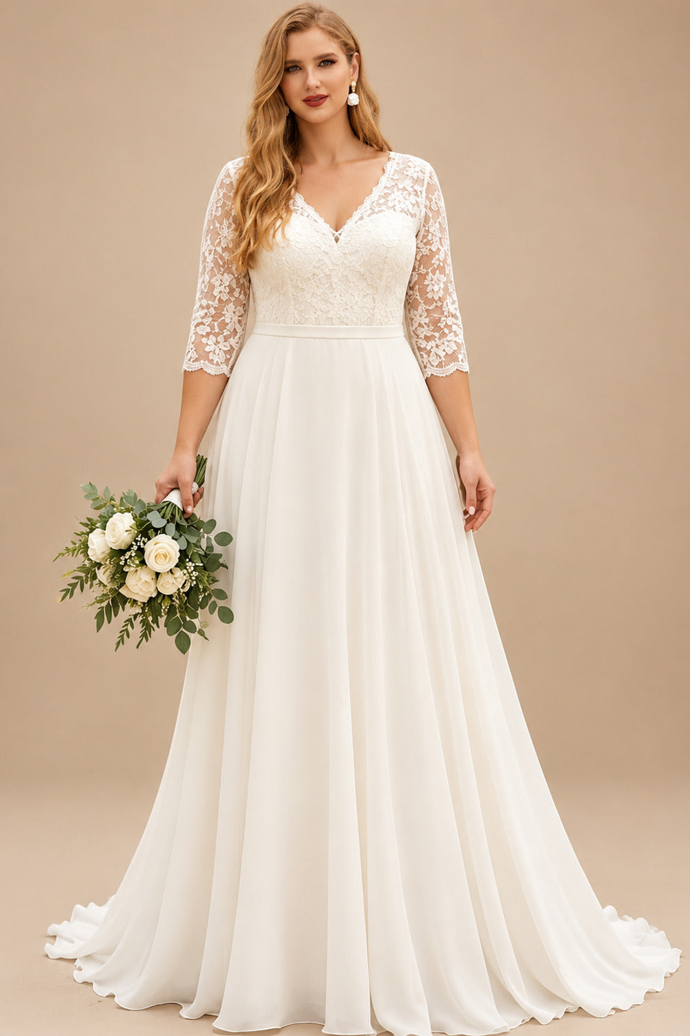 Rutipo Ivory A-Line V-Neck 3/4 Sleeves Sweep Train Chiffon/Lace/Tulle Wedding Dresses