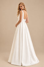 Rutipo Ivory A-Line Square Neckline Sleeveless Sweep Train Satin Maternity Wedding Dresses