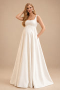 Rutipo Ivory A-Line Square Neckline Sleeveless Sweep Train Satin Maternity Wedding Dresses