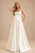 Rutipo Ivory A-Line Square Neckline Sleeveless Sweep Train Satin Maternity Wedding Dresses