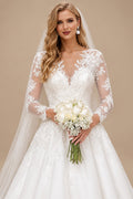Rutipo Ivory Ball-Gown V-Neck Long Sleeves Chapel Train Lace/Tulle Wedding Dress With Appliques Lace