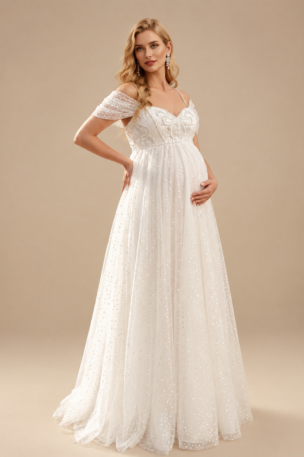 Rutipo Ivory Sparkle&Shine A-Line Sweetheart Sleeveless Floor-Length Satin/Tulle Maternity Wedding Dresses