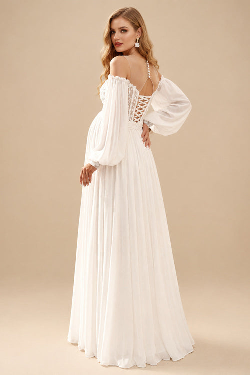 Rutipo Ivory A-Line Off-The-Shoulder Long Sleeves Floor-Length Chiffon Maternity Wedding Dresses With Lace/High Split