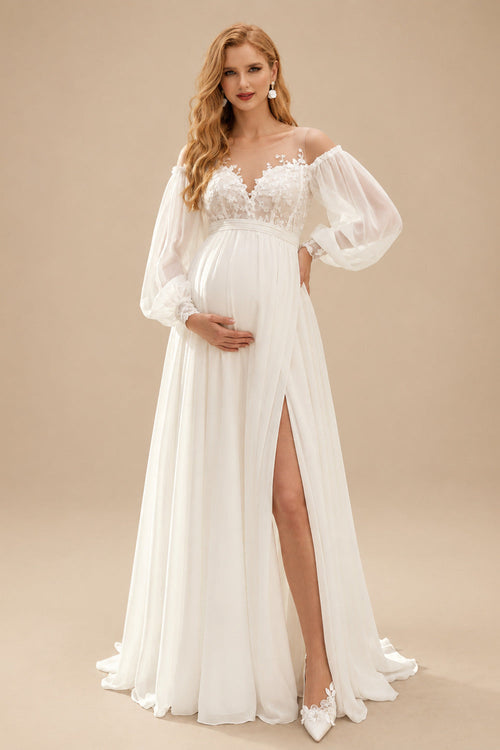 Rutipo Ivory A-Line Off-The-Shoulder Long Sleeves Floor-Length Chiffon Maternity Wedding Dresses With Lace/High Split