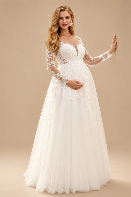 Rutipo Ivory A-Line Scoop Neck Long Sleeves Floor-Length Satin/Tulle Maternity Wedding Dresses With Appliques Lace