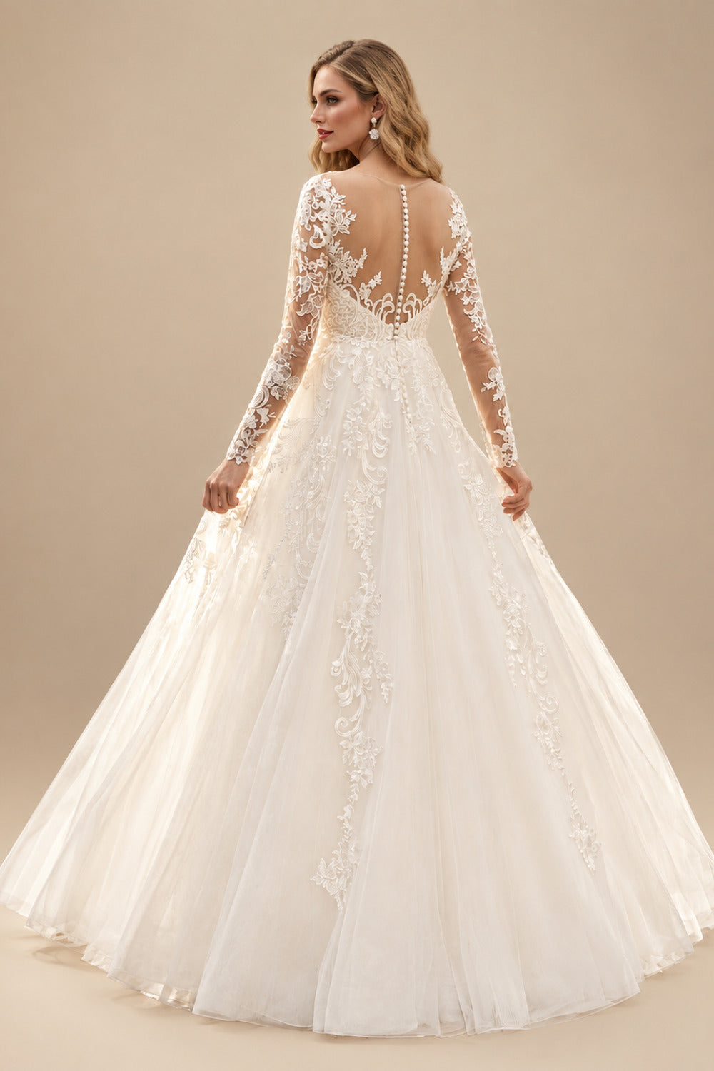 Rutipo Ivory A-Line Scoop Neck Long Sleeves Floor-Length Satin/Tulle Maternity Wedding Dresses With Appliques Lace