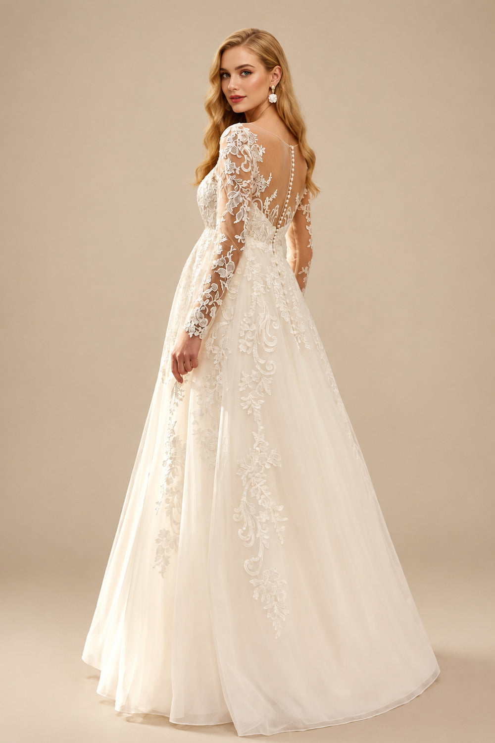 Rutipo Ivory A-Line Scoop Neck Long Sleeves Floor-Length Satin/Tulle Maternity Wedding Dresses With Appliques Lace