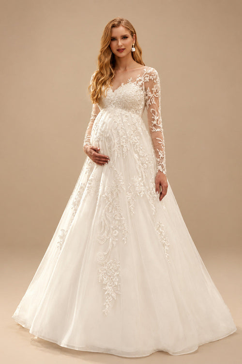 Rutipo Ivory A-Line Scoop Neck Long Sleeves Floor-Length Satin/Tulle Maternity Wedding Dresses With Appliques Lace