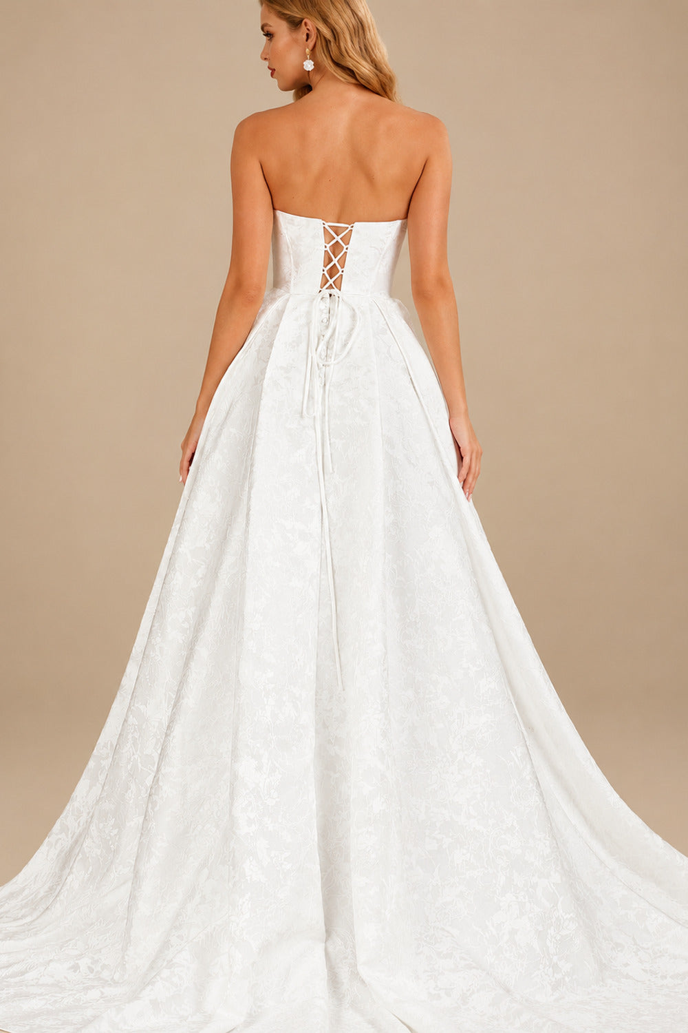 Rutipo Ivory A-Line Strapless Sleeveless Chapel Train Wedding Dress With Pleated/High Split