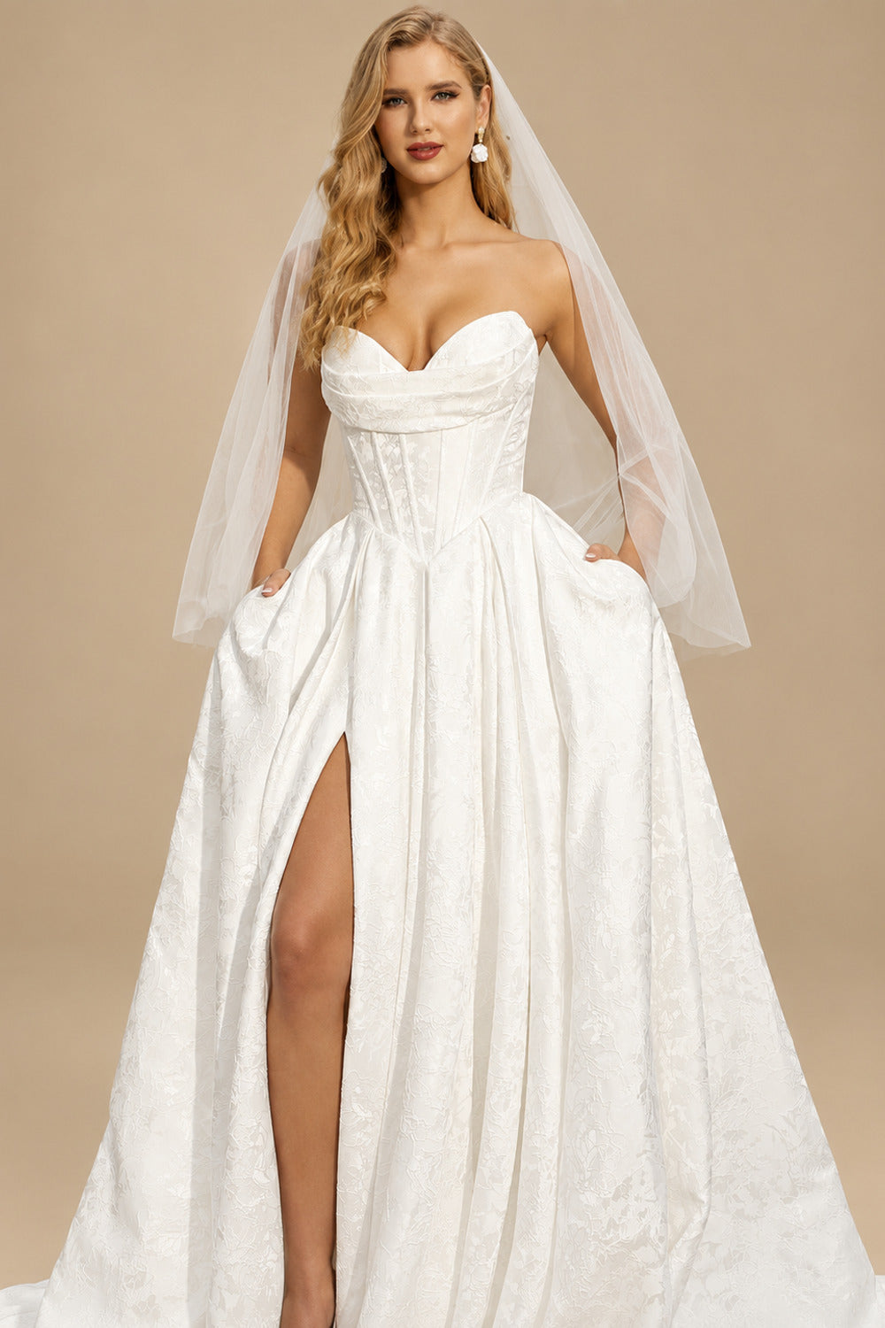 Rutipo Ivory A-Line Strapless Sleeveless Chapel Train Wedding Dress With Pleated/High Split