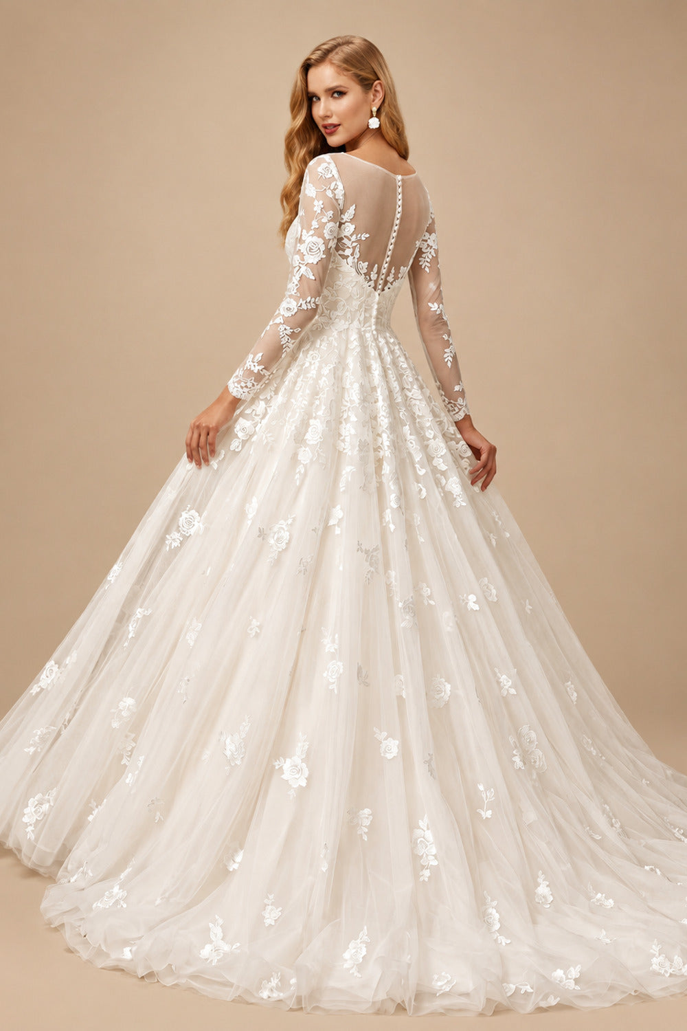 Rutipo As Picture Ball-Gown Illusion Neck Long Sleeves Sweep Train Lace/Tulle Wedding Dresses With Appliques Lace