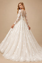 Rutipo As Picture Ball-Gown Illusion Neck Long Sleeves Sweep Train Lace/Tulle Wedding Dresses With Appliques Lace