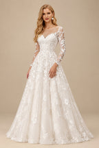 Rutipo As Picture Ball-Gown Illusion Neck Long Sleeves Sweep Train Lace/Tulle Wedding Dresses With Appliques Lace