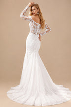 Rutipo Ivory Trumpet/Mermaid Off-The-Shoulder Long Sleeves Sweep Train Lace/Tulle Wedding Dresses With Appliques Lace