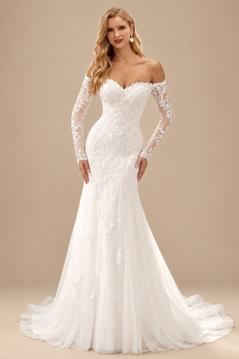 Rutipo Ivory Trumpet/Mermaid Off-The-Shoulder Long Sleeves Sweep Train Lace/Tulle Wedding Dresses With Appliques Lace