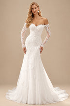 Rutipo Ivory Trumpet/Mermaid Off-The-Shoulder Long Sleeves Sweep Train Lace/Tulle Wedding Dresses With Appliques Lace