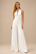 Rutipo Ivory Jumpsuit/Pantsuit Plunge Neck Sleeveless Floor-Length Crepe Satin Wedding Dresses