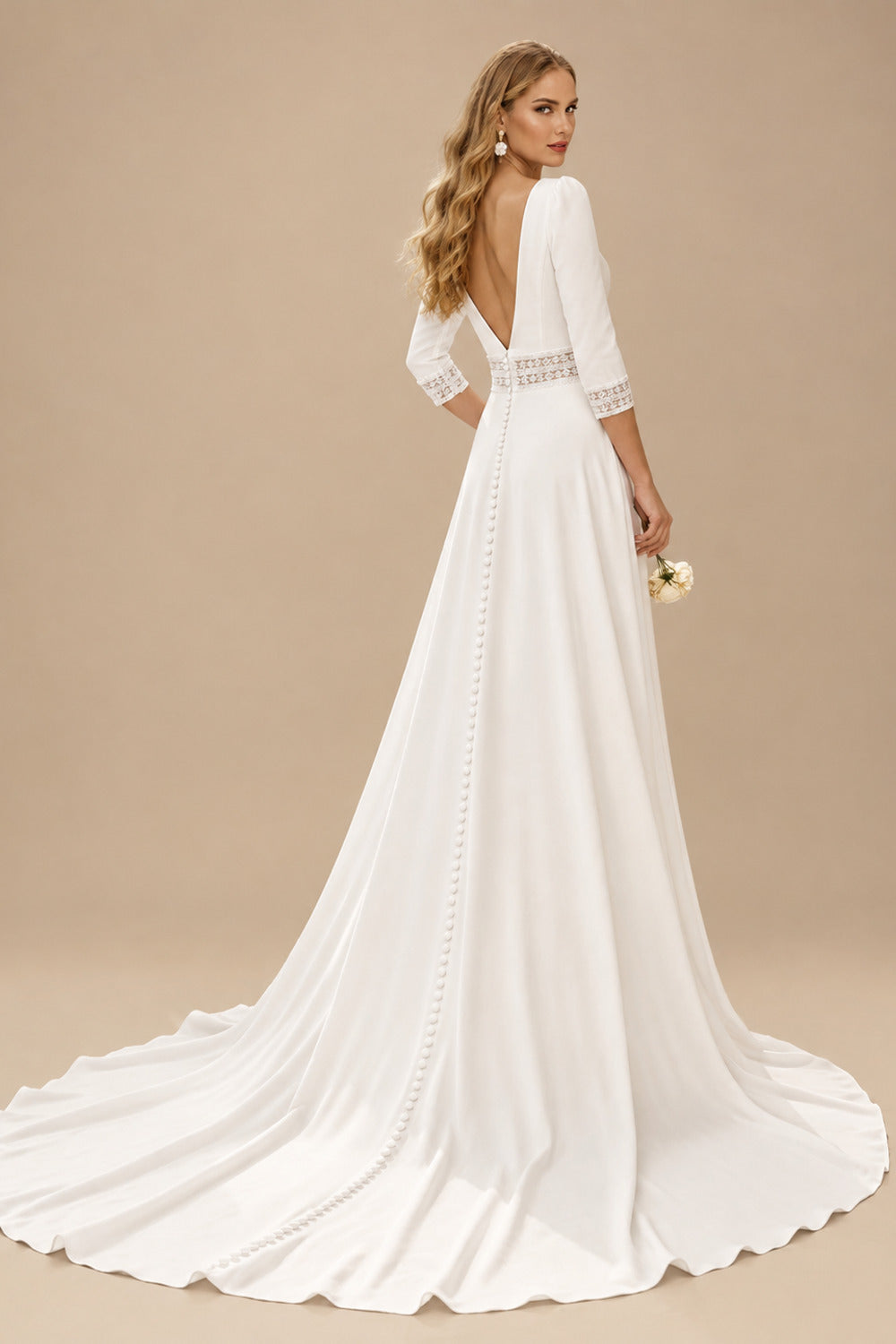 Rutipo Ivory A-Line Plunge Neck Long Sleeves Chapel Train Elastic Satin Wedding Dresses