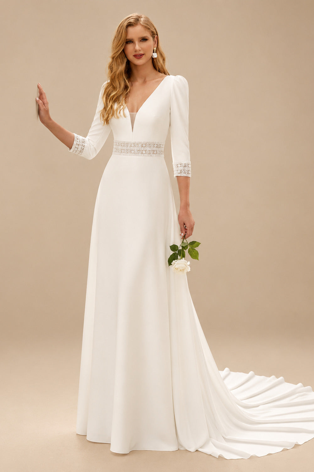 Rutipo Ivory A-Line Plunge Neck Long Sleeves Chapel Train Elastic Satin Wedding Dresses